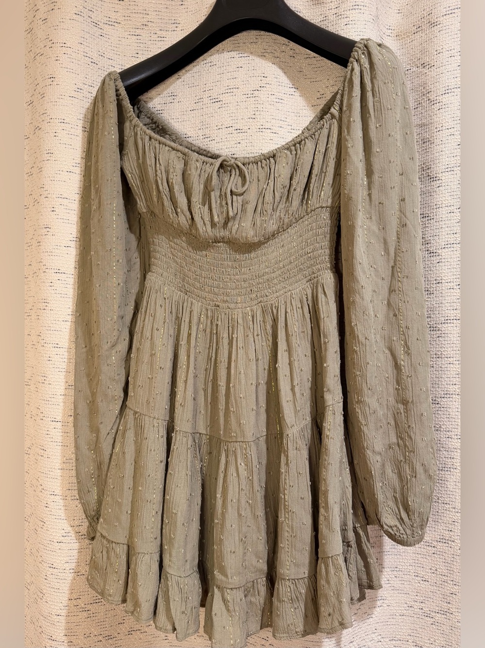 Olive Green Long Sleeve Smocked Tiered Mini Dress Size S